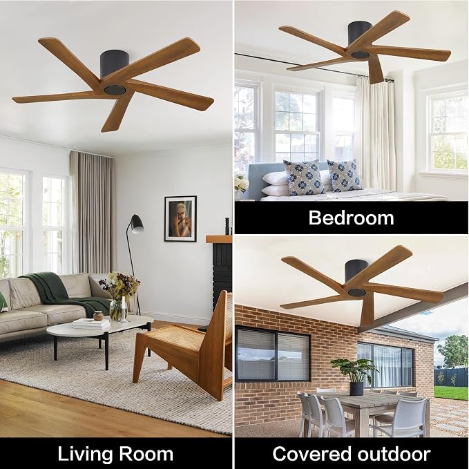48 Inch Flush Mount DC Ceiling Fan without Lights, 5 Reversible Carved Wood Blades, 6-Speed Noiseless DC Motor, alternate
