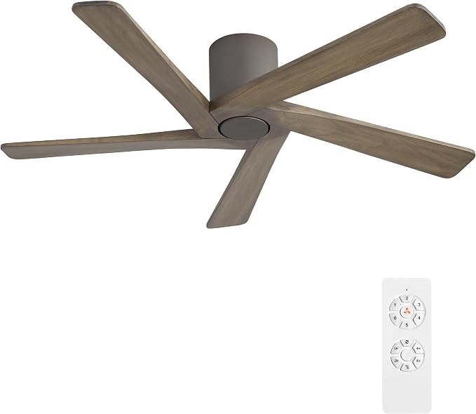 48 Inch Flush Mount DC Ceiling Fan without Lights, 5 Reversible Carved Wood Blades, 6-Speed Noiseless DC Motor