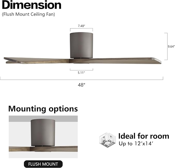 48 Inch Flush Mount DC Ceiling Fan without Lights, 5 Reversible Carved Wood Blades, 6-Speed Noiseless DC Motor, alternate