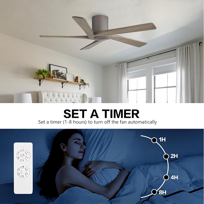 48 Inch Flush Mount DC Ceiling Fan without Lights, 5 Reversible Carved Wood Blades, 6-Speed Noiseless DC Motor, alternate