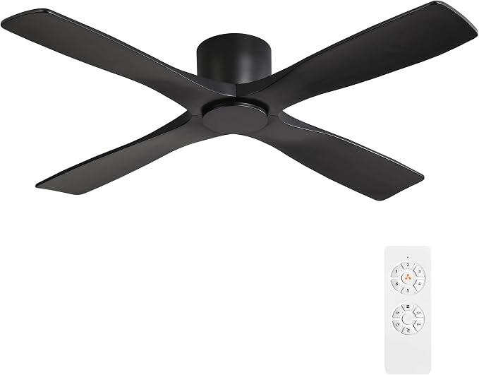 48 Inch Flush Mount DC Ceiling Fans without Lights, 4 Carved Solid Wood Blades, 6-Speed Reversible DC Motor, Low Profile