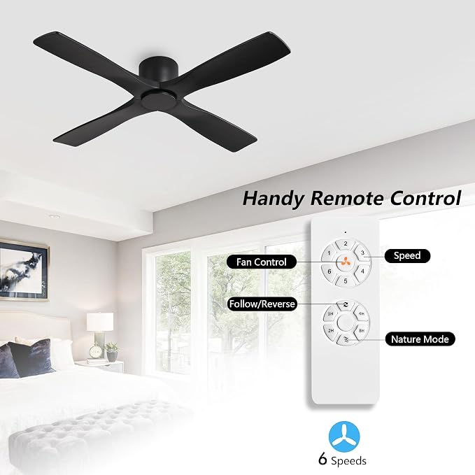 48 Inch Flush Mount DC Ceiling Fans without Lights, 4 Carved Solid Wood Blades, 6-Speed Reversible DC Motor, Low Profile