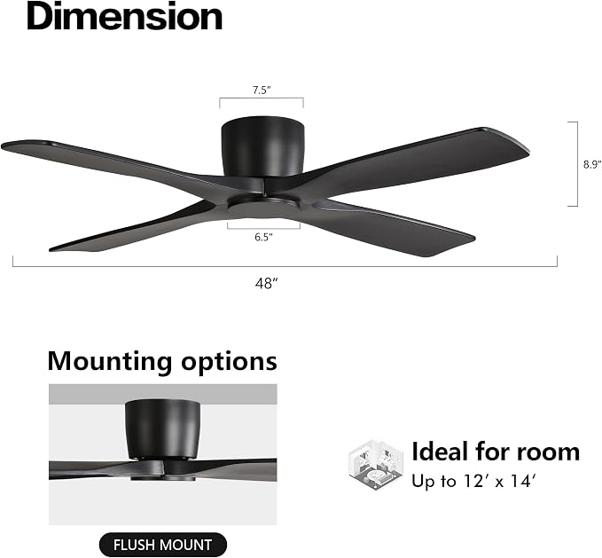 48 Inch Flush Mount DC Ceiling Fans without Lights, 4 Carved Solid Wood Blades, 6-Speed Reversible DC Motor, Low Profile