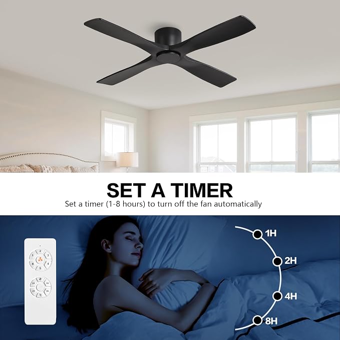 48 Inch Flush Mount DC Ceiling Fans without Lights, 4 Carved Solid Wood Blades, 6-Speed Reversible DC Motor, Low Profile