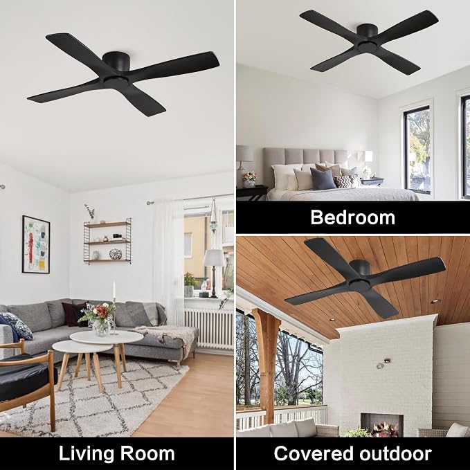 48 Inch Flush Mount DC Ceiling Fans without Lights, 4 Carved Solid Wood Blades, 6-Speed Reversible DC Motor, Low Profile