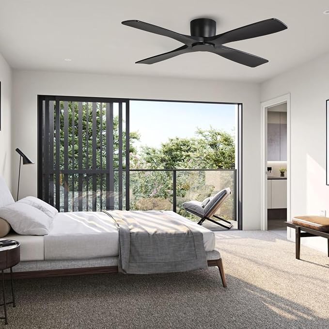48 Inch Flush Mount DC Ceiling Fans without Lights, 4 Carved Solid Wood Blades, 6-Speed Reversible DC Motor, Low Profile