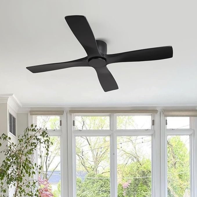 48 Inch Flush Mount DC Ceiling Fans without Lights, 4 Carved Solid Wood Blades, 6-Speed Reversible DC Motor, Low Profile