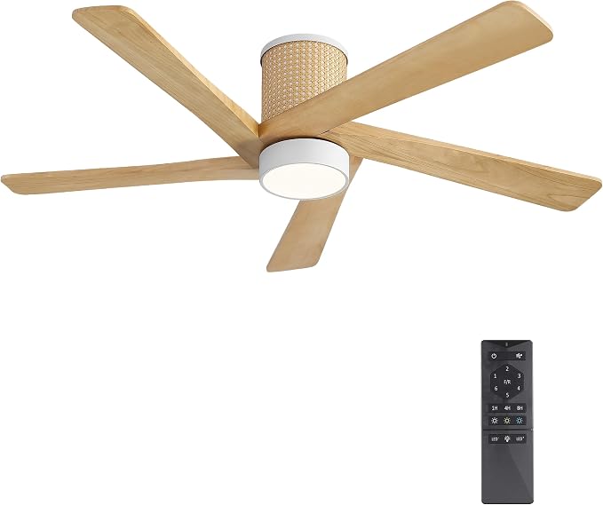 48 Inch Flush Mount Rattan Ceiling Fan, 3CCT Dimmable Light, 5 Carved Wood Blades, 6-Speed Reversible DC Motor, Modern