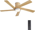 48 Inch Flush Mount Rattan Ceiling Fan, 3CCT Dimmable Light, 5 Carved Wood Blades, 6-Speed Reversible DC Motor, Modern