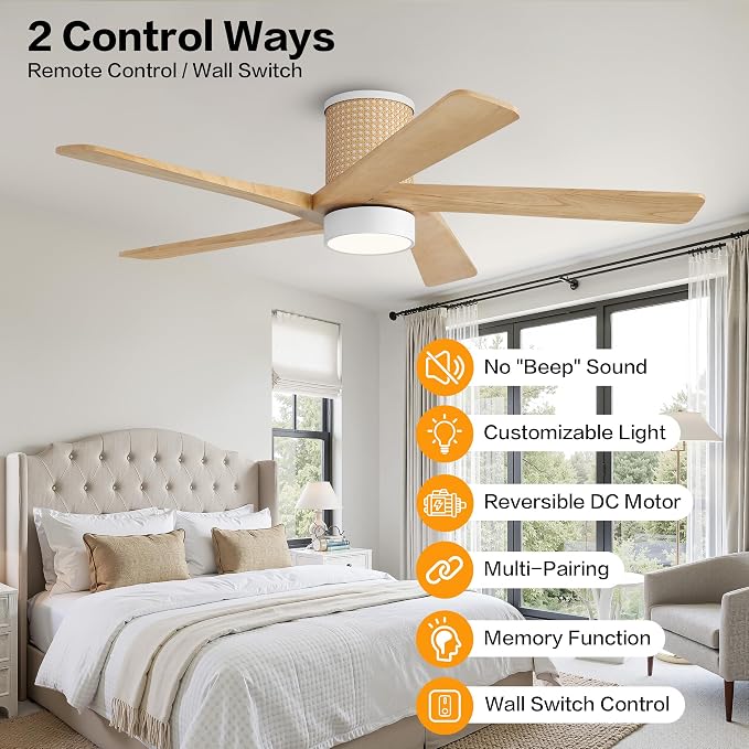 48 Inch Flush Mount Rattan Ceiling Fan, 3CCT Dimmable Light, 5 Carved Wood Blades, 6-Speed Reversible DC Motor, Modern