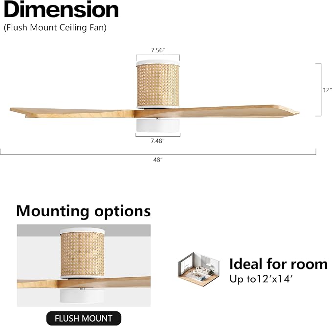 48 Inch Flush Mount Rattan Ceiling Fan, 3CCT Dimmable Light, 5 Carved Wood Blades, 6-Speed Reversible DC Motor, Modern