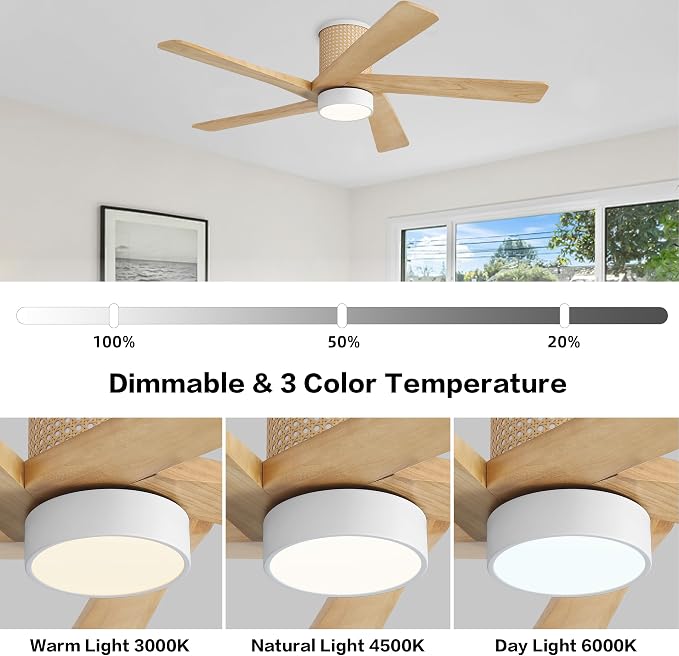 48 Inch Flush Mount Rattan Ceiling Fan, 3CCT Dimmable Light, 5 Carved Wood Blades, 6-Speed Reversible DC Motor, Modern