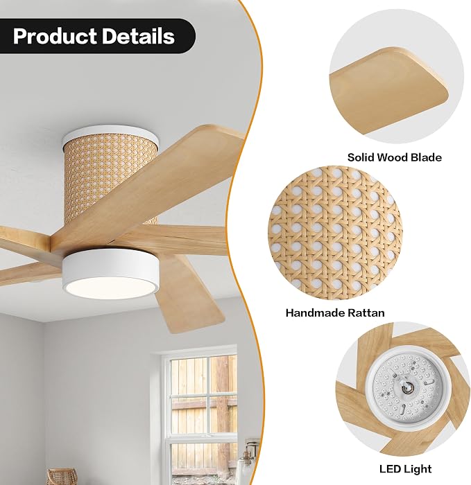 48 Inch Flush Mount Rattan Ceiling Fan, 3CCT Dimmable Light, 5 Carved Wood Blades, 6-Speed Reversible DC Motor, Modern