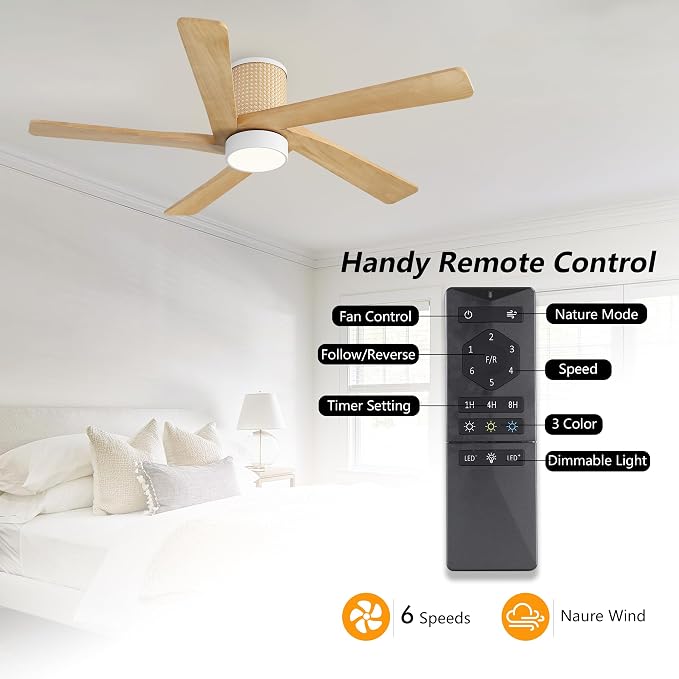 48 Inch Flush Mount Rattan Ceiling Fan, 3CCT Dimmable Light, 5 Carved Wood Blades, 6-Speed Reversible DC Motor, Modern