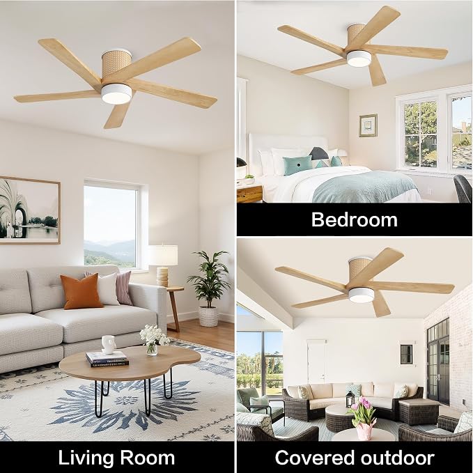 48 Inch Flush Mount Rattan Ceiling Fan, 3CCT Dimmable Light, 5 Carved Wood Blades, 6-Speed Reversible DC Motor, Modern