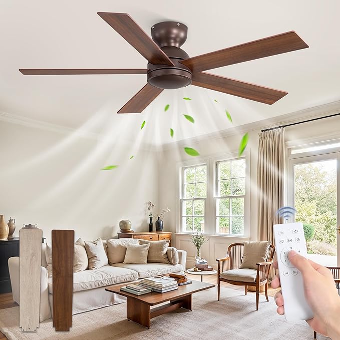 48 Inch Low Profile Ceiling Fan without Lights, Brown Farmhouse Ceiling Fan no Light, 6-Speeds, Quiet Reversible DC Motor