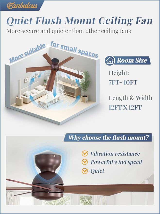 48 Inch Low Profile Ceiling Fan without Lights, Brown Farmhouse Ceiling Fan no Light, 6-Speeds, Quiet Reversible DC Motor