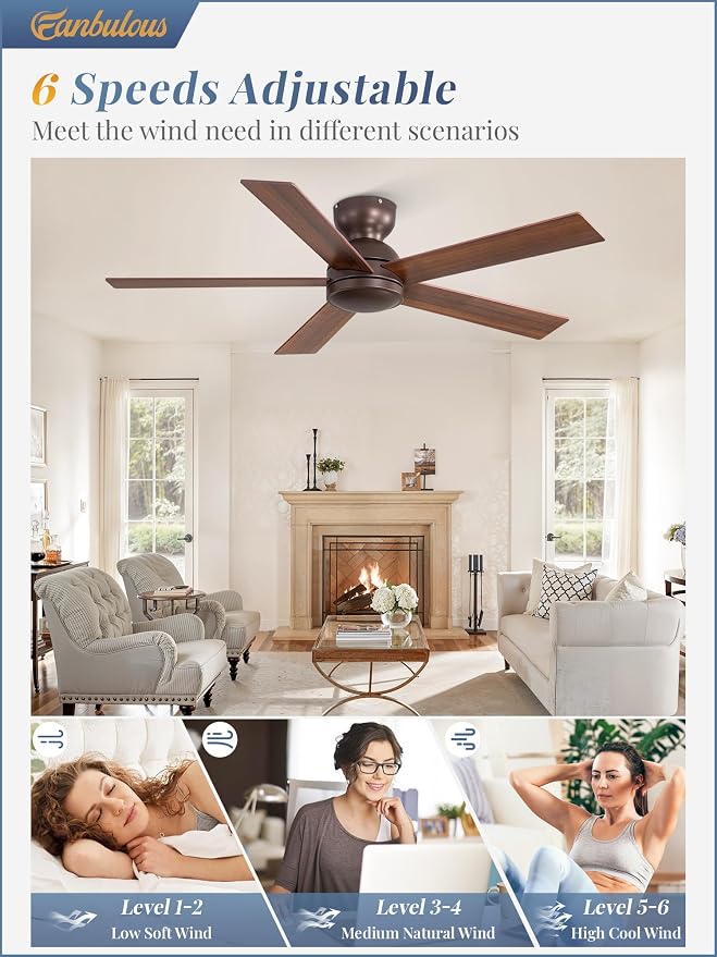 48 Inch Low Profile Ceiling Fan without Lights, Brown Farmhouse Ceiling Fan no Light, 6-Speeds, Quiet Reversible DC Motor