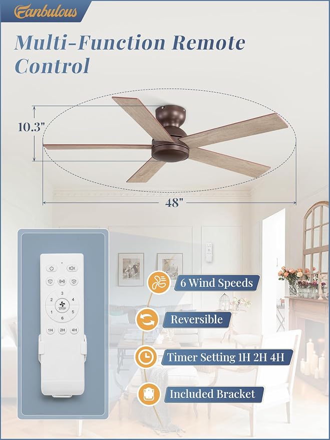 48 Inch Low Profile Ceiling Fan without Lights, Brown Farmhouse Ceiling Fan no Light, 6-Speeds, Quiet Reversible DC Motor