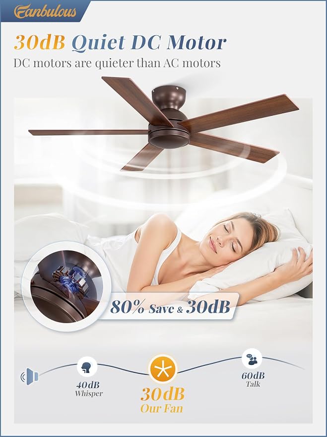 48 Inch Low Profile Ceiling Fan without Lights, Brown Farmhouse Ceiling Fan no Light, 6-Speeds, Quiet Reversible DC Motor