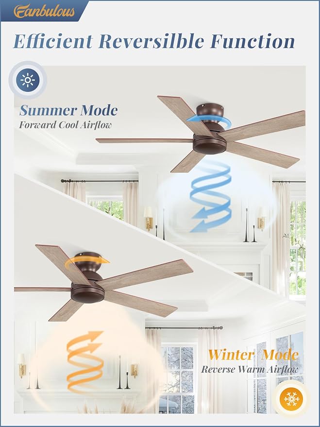 48 Inch Low Profile Ceiling Fan without Lights, Brown Farmhouse Ceiling Fan no Light, 6-Speeds, Quiet Reversible DC Motor