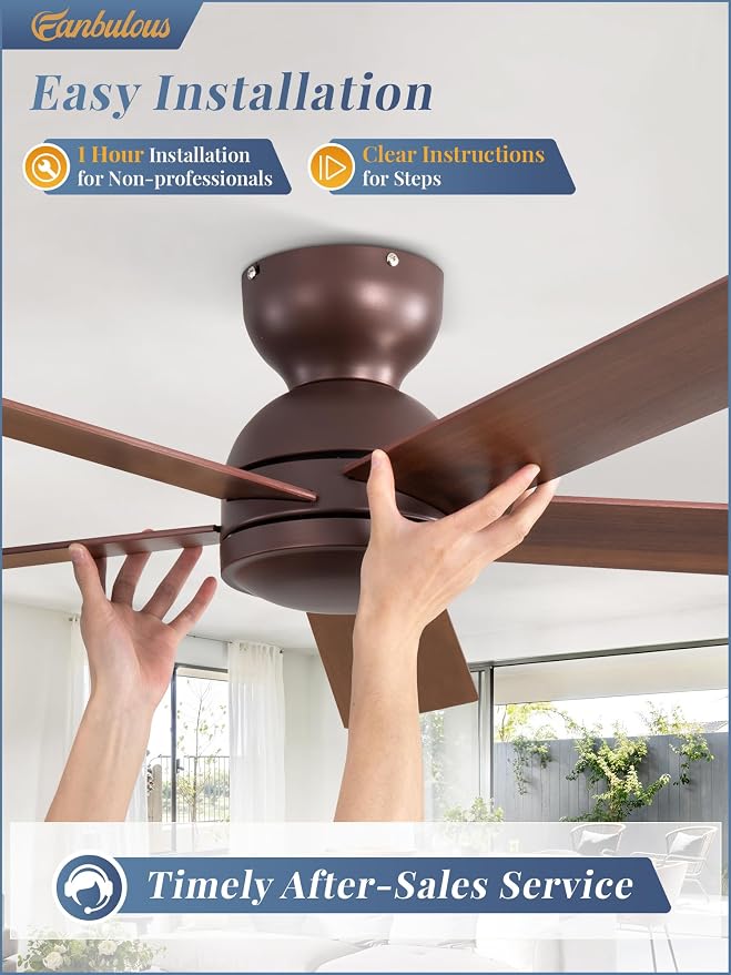 48 Inch Low Profile Ceiling Fan without Lights, Brown Farmhouse Ceiling Fan no Light, 6-Speeds, Quiet Reversible DC Motor