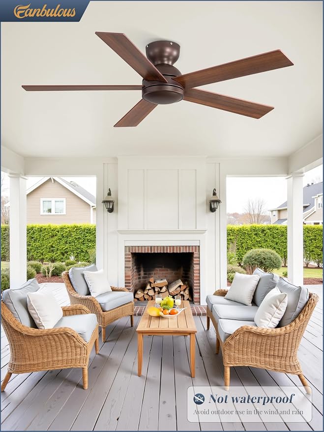 48 Inch Low Profile Ceiling Fan without Lights, Brown Farmhouse Ceiling Fan no Light, 6-Speeds, Quiet Reversible DC Motor