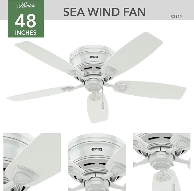 48 inch Outdoor or Indoor Ceiling Fan No Light - Low Profile Mount, White Ceiling Fan without Light, For Patio, Porch