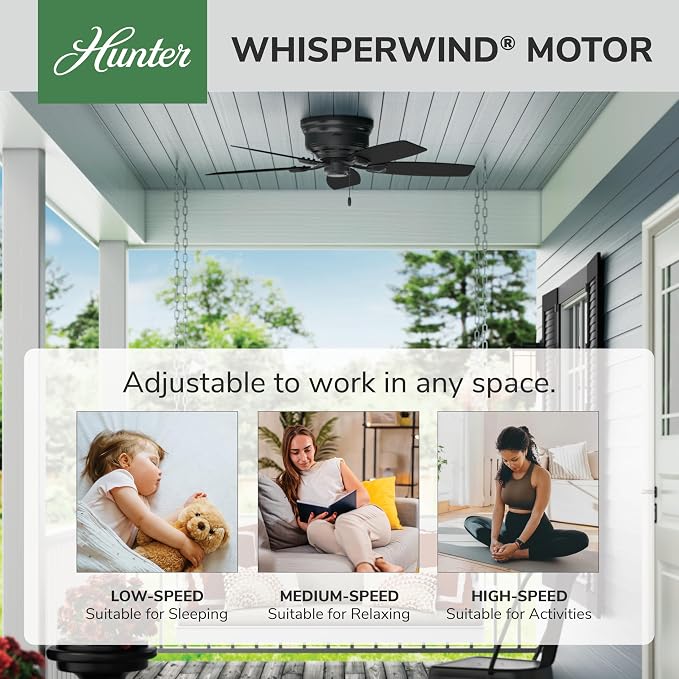 48 inch Outdoor or Indoor Ceiling Fan No Light - Low Profile Mount, Black Ceiling Fan without Light, For Patio, Porch