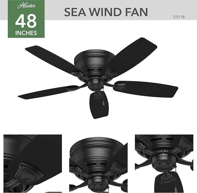 48 inch Outdoor or Indoor Ceiling Fan No Light - Low Profile Mount, Black Ceiling Fan without Light, For Patio, Porch