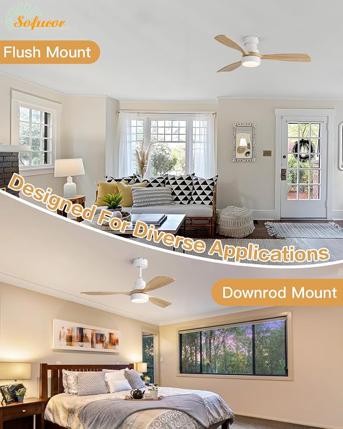 48 Inch Smart Ceiling Fans with Lights-Flush Mount & Downrod Mount Modern Outdoor Ceiling Fans with Alexa/Google