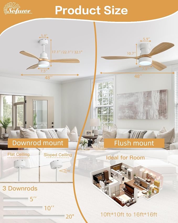 48 Inch Smart Ceiling Fans with Lights-Flush Mount & Downrod Mount Modern Outdoor Ceiling Fans with Alexa/Google