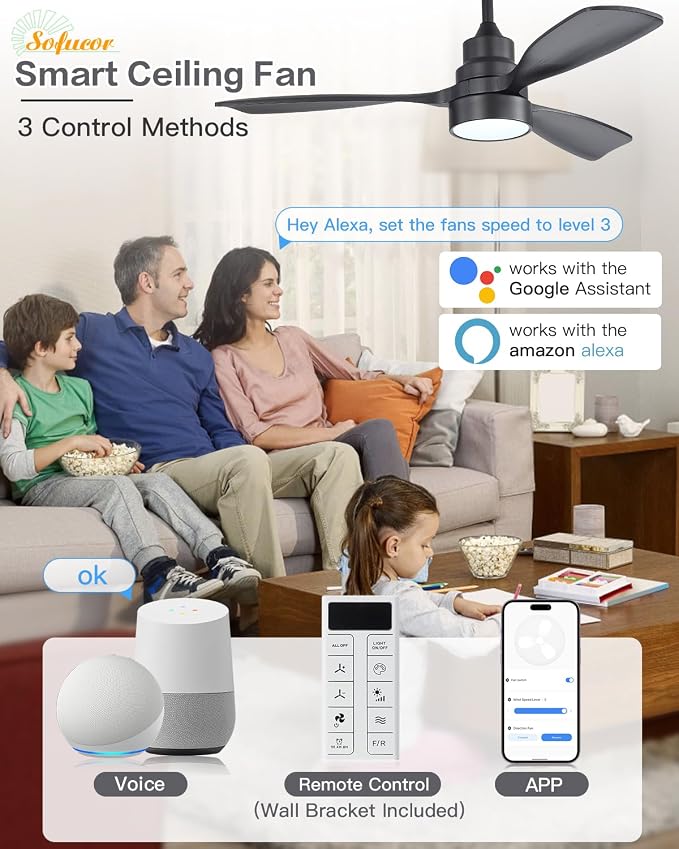 48 Inch Smart Ceiling Fans with Lights-Flush Mount & Downrod Mount Modern Outdoor Ceiling Fans with Alexa/Google