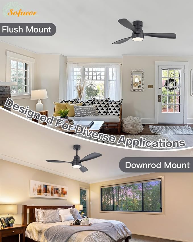 48 Inch Smart Ceiling Fans with Lights-Flush Mount & Downrod Mount Modern Outdoor Ceiling Fans with Alexa/Google