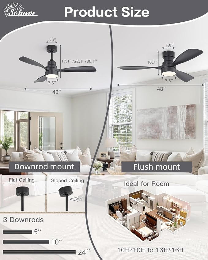 48 Inch Smart Ceiling Fans with Lights-Flush Mount & Downrod Mount Modern Outdoor Ceiling Fans with Alexa/Google