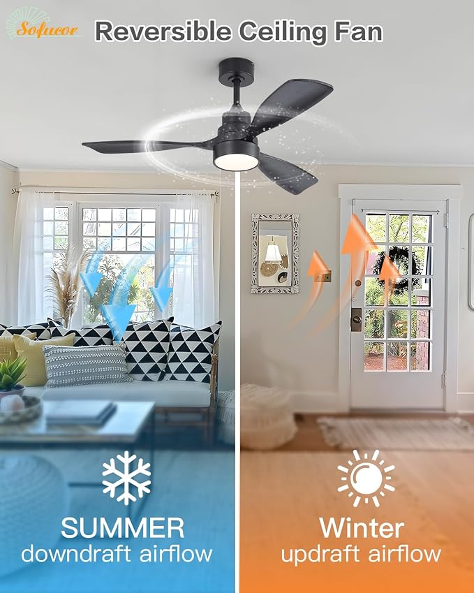 48 Inch Smart Ceiling Fans with Lights-Flush Mount & Downrod Mount Modern Outdoor Ceiling Fans with Alexa/Google