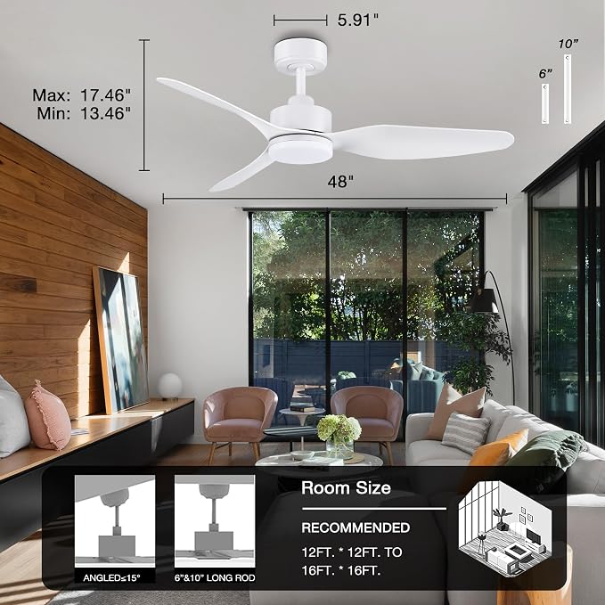 48 Inch Smart Ceiling Fans with Lights Remote Control,Dimmable LED Light,Outdoor Indoor Modern Ceiling Fan,Quiet DC