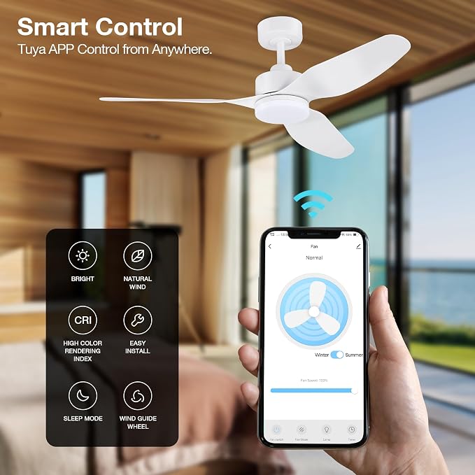 48 Inch Smart Ceiling Fans with Lights Remote Control,Dimmable LED Light,Outdoor Indoor Modern Ceiling Fan,Quiet DC