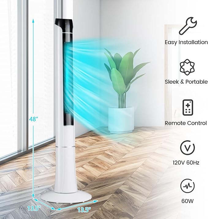 48-Inch Tower Fan with Remote Control, Quiet Bladeless Tower Fan w/ 3 Speeds, 3 Modes, 1-15H Timer & LED Display, alternate