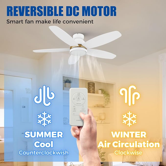 48" Low Profile Ceiling Fan with Dimmable LED Light, Modern Flush Mount Ceiling Fan with reversible DC motor, Controlled by