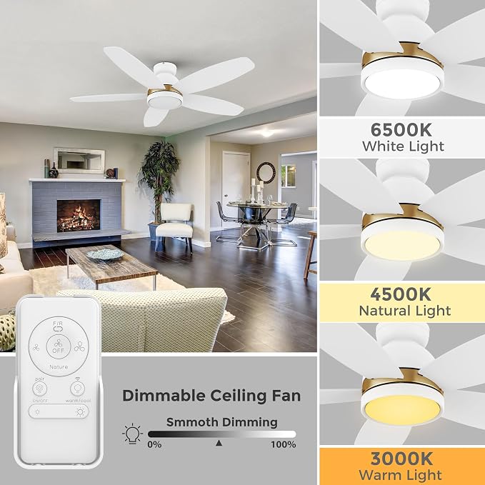 48" Low Profile Ceiling Fan with Dimmable LED Light, Modern Flush Mount Ceiling Fan with reversible DC motor, Controlled by