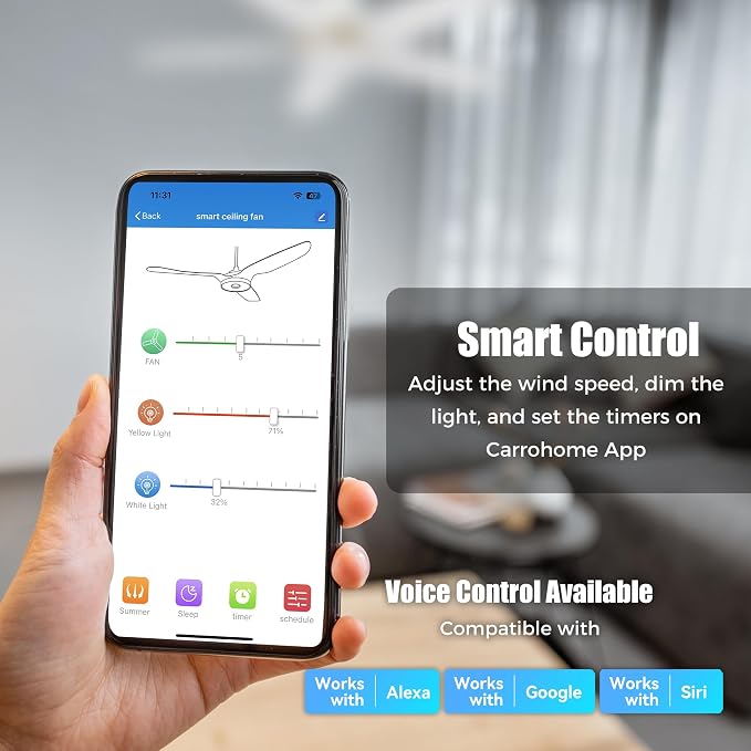 48" Low Profile Ceiling Fan with Dimmable LED Light, Modern Flush Mount Ceiling Fan with reversible DC motor, Controlled by
