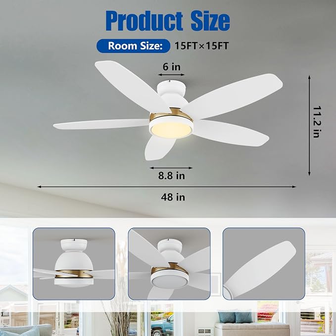 48" Low Profile Ceiling Fan with Dimmable LED Light, Modern Flush Mount Ceiling Fan with reversible DC motor, Controlled by