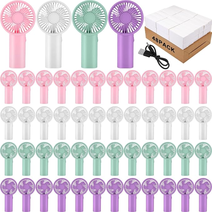48 Pack Handheld Fan Bulk with Data Cable, USB Rechargeable Lightweight Mini Fan Individually Boxed for Party, Travel, Beach