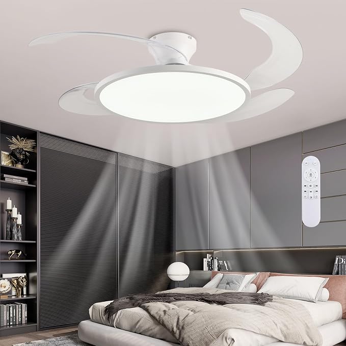 48'' Retractable Ceiling Fan,Full Spectrum Low Profile Ceiling Fan with Light and Remote,Modern White Fan for Dinning Room