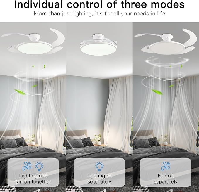 48'' Retractable Ceiling Fan,Full Spectrum Low Profile Ceiling Fan with Light and Remote,Modern White Fan for Dinning Room