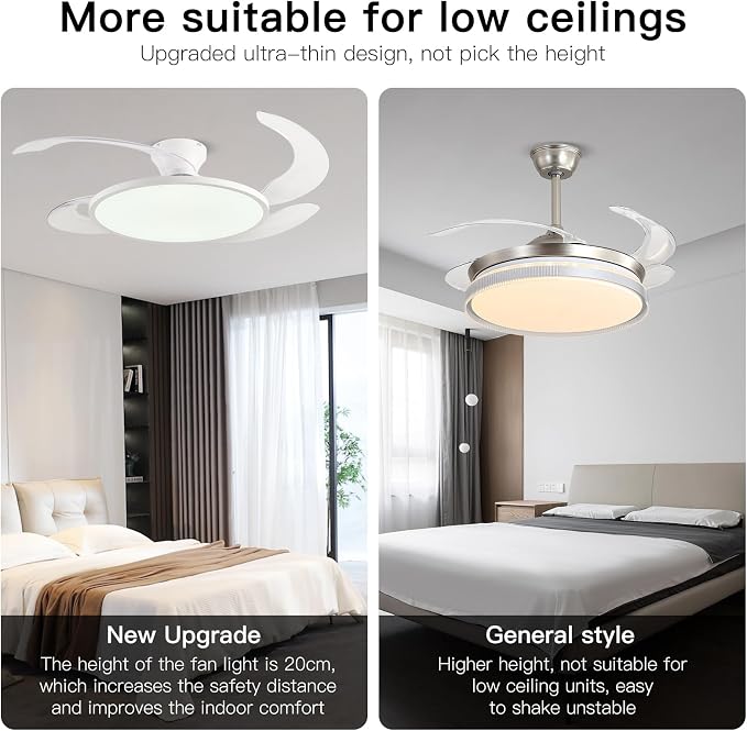 48'' Retractable Ceiling Fan,Full Spectrum Low Profile Ceiling Fan with Light and Remote,Modern White Fan for Dinning Room