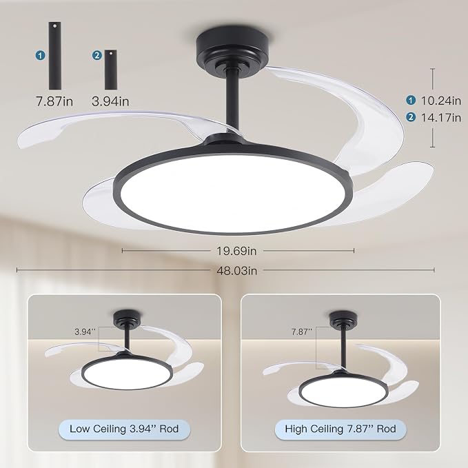48'' Retractable Ceiling Fan with Remote Control,Bladeless Ceiling Fan with LED Lights,Stepless Full Spectrum,Memory,Modern