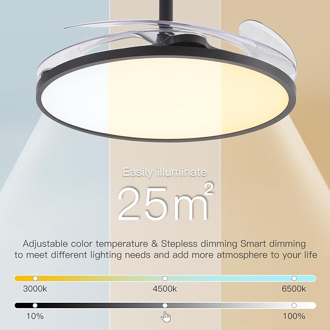 48'' Retractable Ceiling Fan with Remote Control,Bladeless Ceiling Fan with LED Lights,Stepless Full Spectrum,Memory,Modern