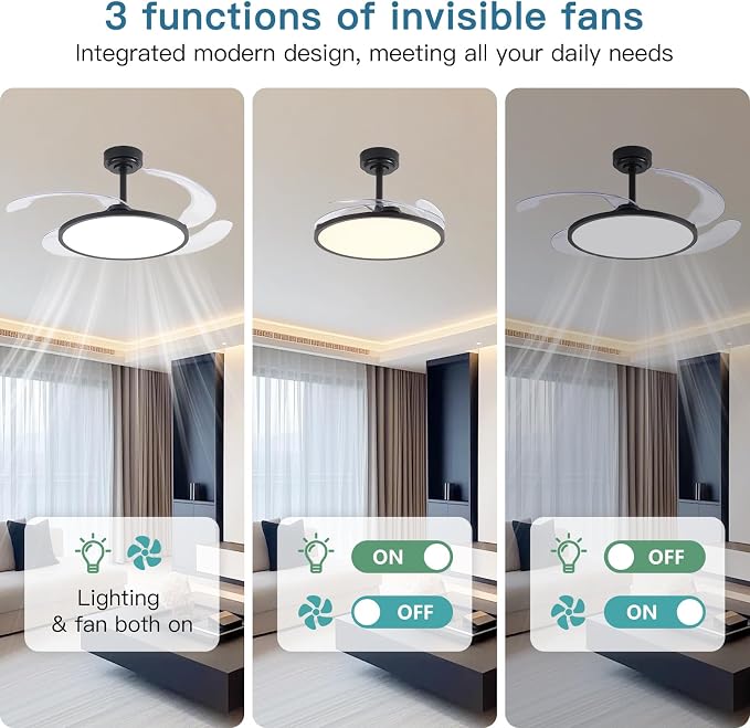 48'' Retractable Ceiling Fan with Remote Control,Bladeless Ceiling Fan with LED Lights,Stepless Full Spectrum,Memory,Modern